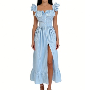 ชุดเดรสมิดิแต่งระบายลายทางของผู้หญิงชุดเดรสซันเดรสคอเหลี่ยมแบบติดกระดุมหน้าแฟชั่น - Product Image 1