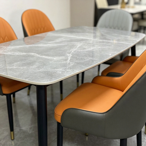 Modern Rectangular Marble Top <b>Dining</b> Table with Metal Legs and Orange PU Leather <b>Chairs</b> for Home <b>Dining</b> Furniture - Product Image 1