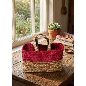 Handwoven Grass <b>Basket</b> <b>with</b> Festive Trimand <b>Handle</b> (red) Eco-Friendly Stylish Storage grass <b>Basket</b> - Product Image 2