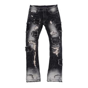 Jean en denim de haute qualité déchiré et réparé avec des patchs de poche, style Rackade Stacked pour homme - Product Image 1