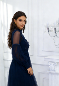 Robe mi-longue trapèze en dentelle marine pour femme grande taille, décontractée d'été, transparente en maille, à manches longues et cintrée à la taille - Product Image 5