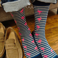 Chaussettes en bambou personnalisées pour hommes, écologiques, antibactériennes, respirantes, rayées, motif flamant rose, fantaisie, décontractées, directement de l'usine