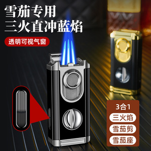 JOFI Multifunctional Cigar Lighter Three-Flush Blue Flame With <b>V</b>-Cut Cutter Windproof For Cigar Smoking Gift - Product Image 4