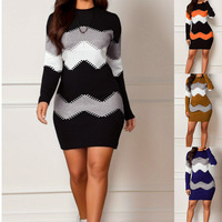 Robe pull tricotée pour femme, coupe ajustée, moulante, manches longues, col rond, rayures en zigzag, longueur genou, décontractée, printemps automne