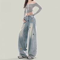 Jeans décontractés taille haute pour femmes, motif brodé empreintes de chiot, pantalon large grande taille pour femmes