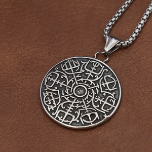 yunnique Viking Compass Stainless Steel Pendant Necklace For Men Round Design Titanium Steel <b>Chain</b> Retro Style - Product Image 3
