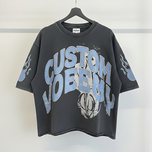 เสื้อยืดผู้ชายทรงโอเวอร์ไซส์ สีดำ ผ้าฝ้าย 100% สไตล์วินเทจ ขาดๆ แบบสตรีทแวร์ รับพิมพ์ลายดิจิตอล ปักลายตามสั่ง OEM - Product Image 2