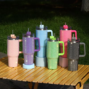 Wholesale Bulk 40oz Stainless Steel Tumblers Double Wall Vacuum Insulated with Rhinestone Bling Handle Straw for <b>Coffee</b> Beer - Product Image 2