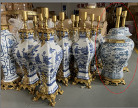 Lampe de bureau en céramique bleue et blanche peinte à la main, grande et décorative, pour salon