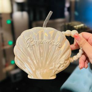 Perle coquille céramique petite amie luxe paille bouteille d'eau nouveau Design Camping <span class=keywords><strong>tasse</strong></span> à café grande poignée Portable maison bureau <span class=keywords><strong>tasse</strong></span> - Product Image 2