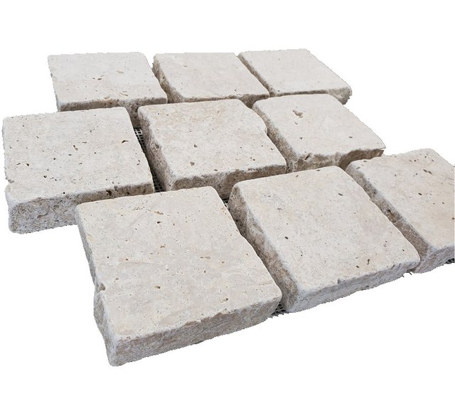 Tumbled Beige Travertine Brick Pattern Cobblestone on Mesh for Paving