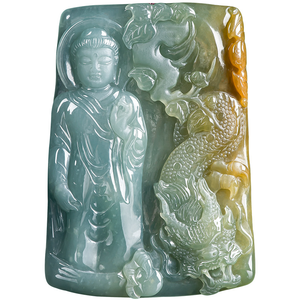 Pendentif Amitabha Bouddha en Jade de Qualité Naturelle A, Plaqué Or et Argent, Style Hiphop, Faux Jade Bleu Eau Jaune Dragon Divin, Haut de Gamme - Product Image 5