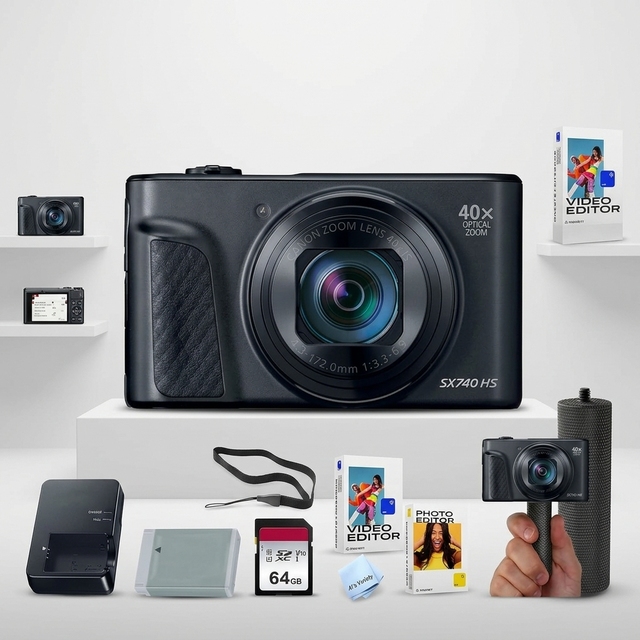 SX740 HS Digital Camera (Black) + 64GB Memory + Stabilizing Grip + Software Pack +More (Value Bundle) (Renewed)