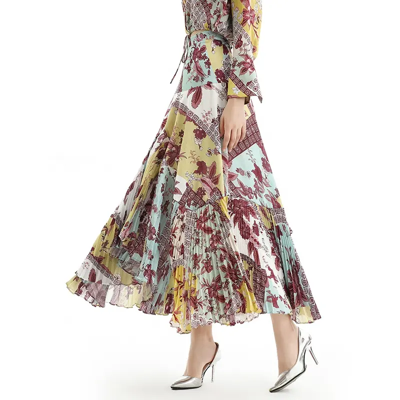 NS069 Summer Autumn High Quality Fashion Elegant Asymmetrical Print Pleat Long Girls Women Skirts