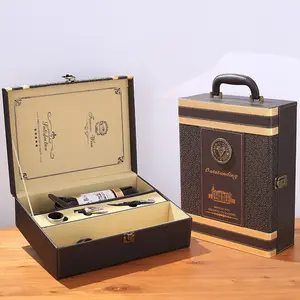 新款2瓶豪华特殊质地葡萄酒礼品盒批发定制皮革葡萄酒包装盒带酒吧工具