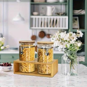 2Pcs Buckle Sealed Glass <b>Storage</b> Jars with <b>Wooden</b> <b>Rack</b> & <b>Wooden</b> Spoon, Countertop Coffee Tea Container Display Organizer Set - Product Image 3