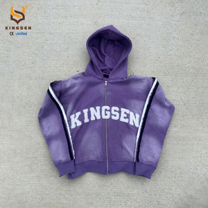 เสื้อฮู้ดดี้ทรงบ็อกซี่แบบซิปสำหรับผู้ชายสไตล์วินเทจ ผ้าหนา ซีดจาง ตกแต่งด้วยงานปักและแอพพลิเค ตัดเย็บแบบครอป ลุคทำสีซีดแบบแอซิดวอช - Product Image 1