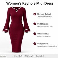 Robe midi moulante élégante pour femme avec col clé, manches cloche et bordure contrastante pour soirée