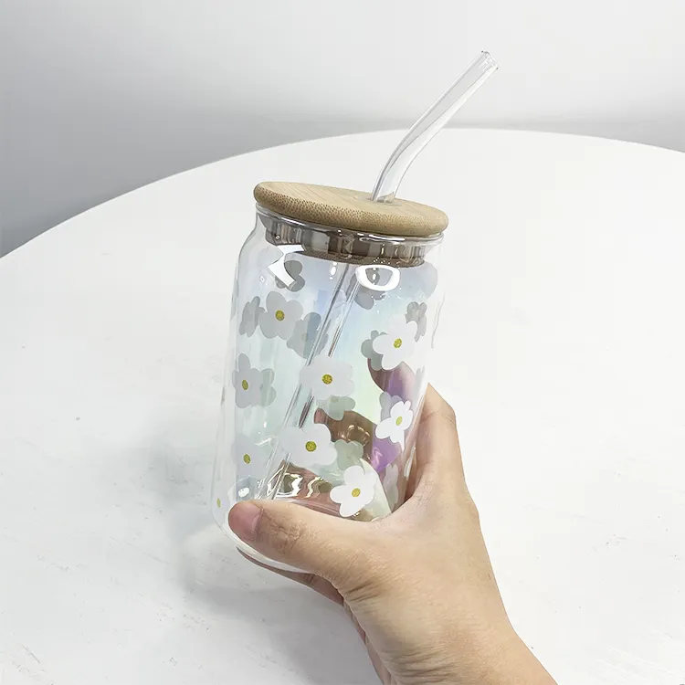 Taza de café helado iridiscente de 16 oz, vasos para beber con estampado de flores, tapas de bambú y pajitas