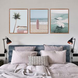 Juego de 3 letreros de pared de madera marco océano ola palmera playa ilustraciones tabla de surf arte impresiones madera playa enmarcado lienzo <span class=keywords><strong>para</strong></span> decoración <span class=keywords><strong>del</strong></span> hogar - Product Image 4