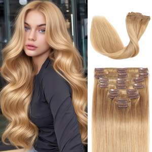 Extensioni di capelli umani biondi platino a doppia trama, lisce e setose, con clip, per donna - Product Image 1