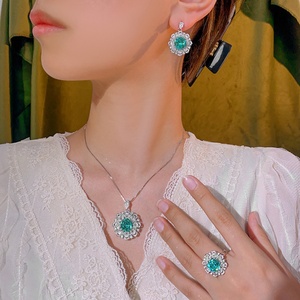 Fashion Eco-friendly Copper Floral Pendant <b>Earring</b> Ring <b>Set</b> 12-10mm Paraiba Green Zircon Bridal Jewelry <b>Set</b> for Wedding - Product Image 6