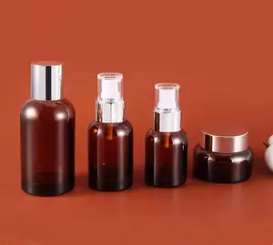 40/60/100/120Ml Rỗng Mỹ Phẩm Amber Dumpy Glass Bottle Spray Bơm Lotion Chai Màu Nâu Với Mạ Điện Bạc Đầu