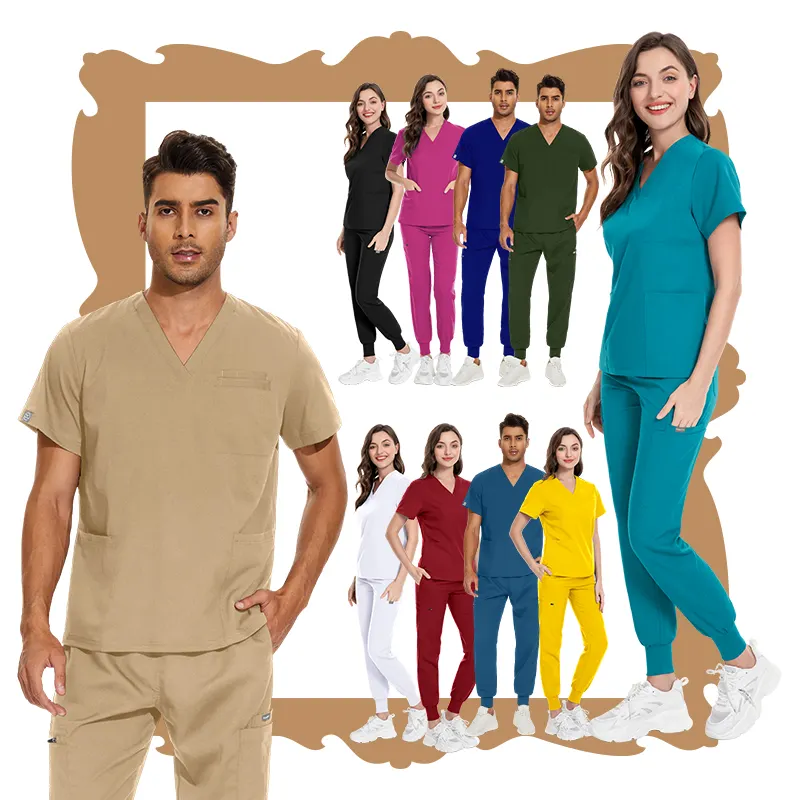 Eccellente qualità moda tessuto elasticizzato Unisex da donna uomo kaki bianco rosso rosa blu infermiera scrub set uniforme