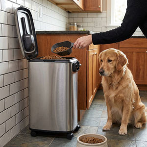 Conteneur de stockage d'aliments pour animaux de compagnie en acier inoxydable portable, étanche, hermétique, résistant à l'humidité, avec 4 roues - Product Image 1