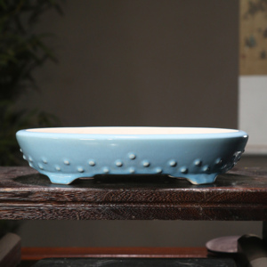 Maceta de Cerámica Ovalada de Estilo Zen, Macetas de Escritorio de Estilo Chino, Esmalte Turquesa - Product Image 4