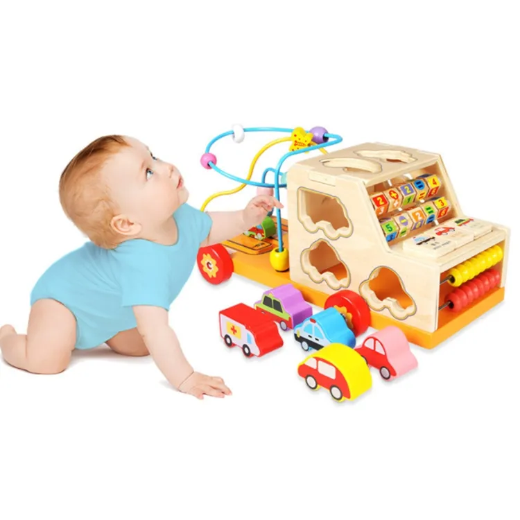 थोक बच्चों खींच कार उपहार आइटम लकड़ी beading वॉकर भूलभुलैया मोती कार खिलौना