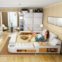 Ensembles de chambre à coucher modernes multifonctionnels en cuir avec massage, USB, musique, lit de mariage sexy pour couple, style tatami, avec coffre de rangement