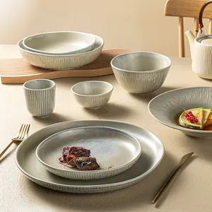 Wholesale OEM Custom Western Style Fashion Rustic Hotel Restaurant Ceramic Grey 8/10.25/11.5 Inch Porcelain Dinner Plate Dish