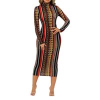 Robe longue imprimée ajustée à manches longues avec une silhouette évasée, une taille tendance et une jupe évasée à la mode