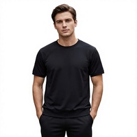 T-shirt uni pour homme à manches courtes, ourlet côtelé, 100% coton, style sweat-shirt épais