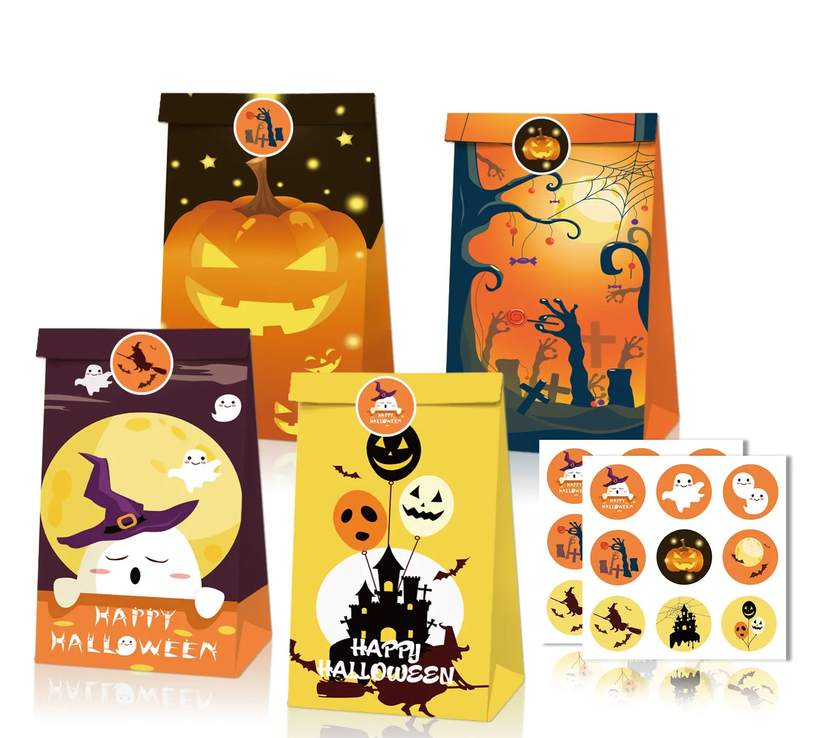12pcs Halloween Paper Trick Treat Bags with 18pcs Sticker Halloween Party Treat Bags for Kids Birthday Halloween Party Decor