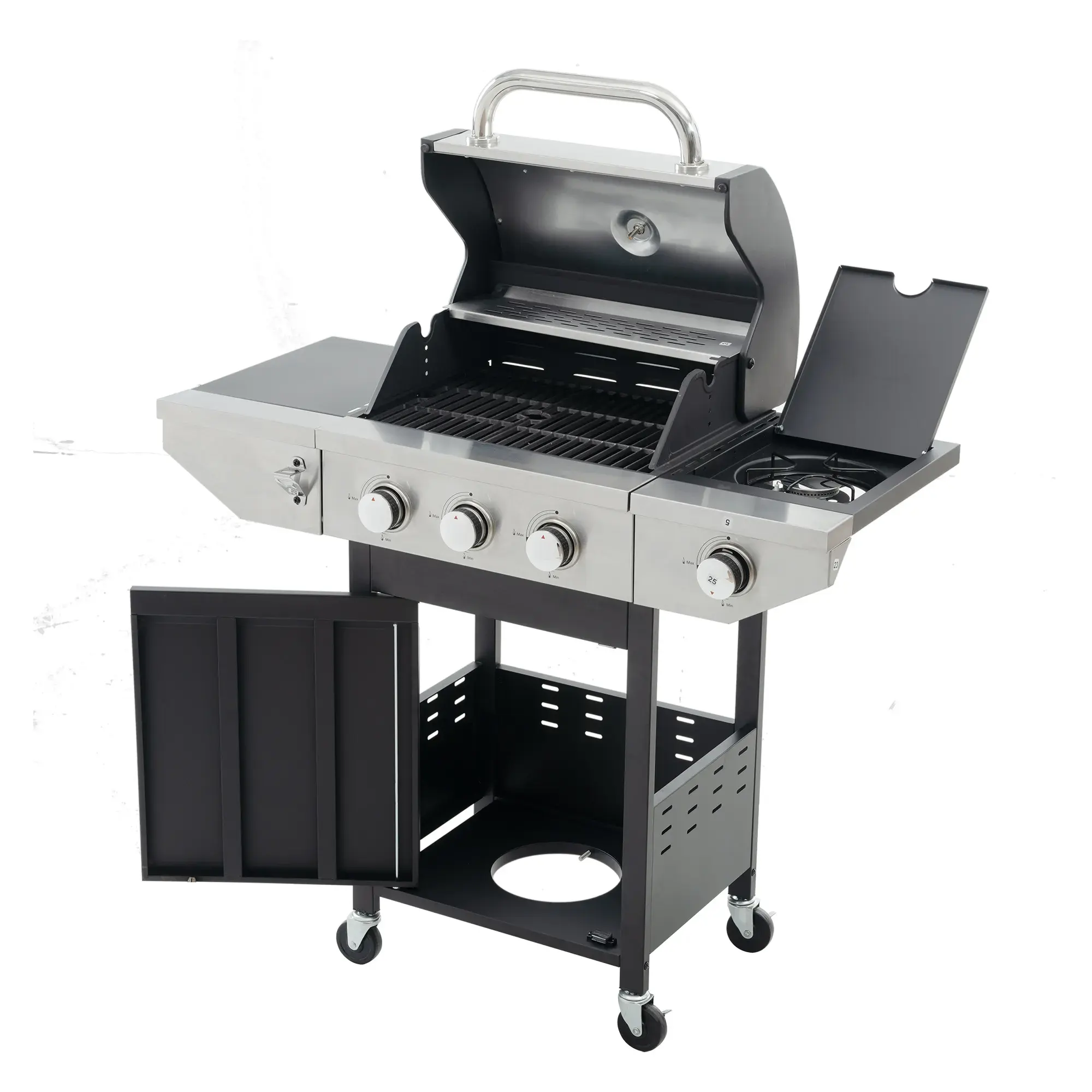 Parrilla de barbacoa grande negra de acero inoxidable de aluminio directa de fábrica nueva 2024 con ruedas parrillas de gas para barbacoa de Camping