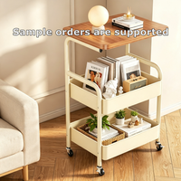 Chariot utilitaire roulant à 3 niveaux avec plateau en bois, chariot de rangement en métal pour cuisine, salle de bain, bureau, étagère mobile d'organisation