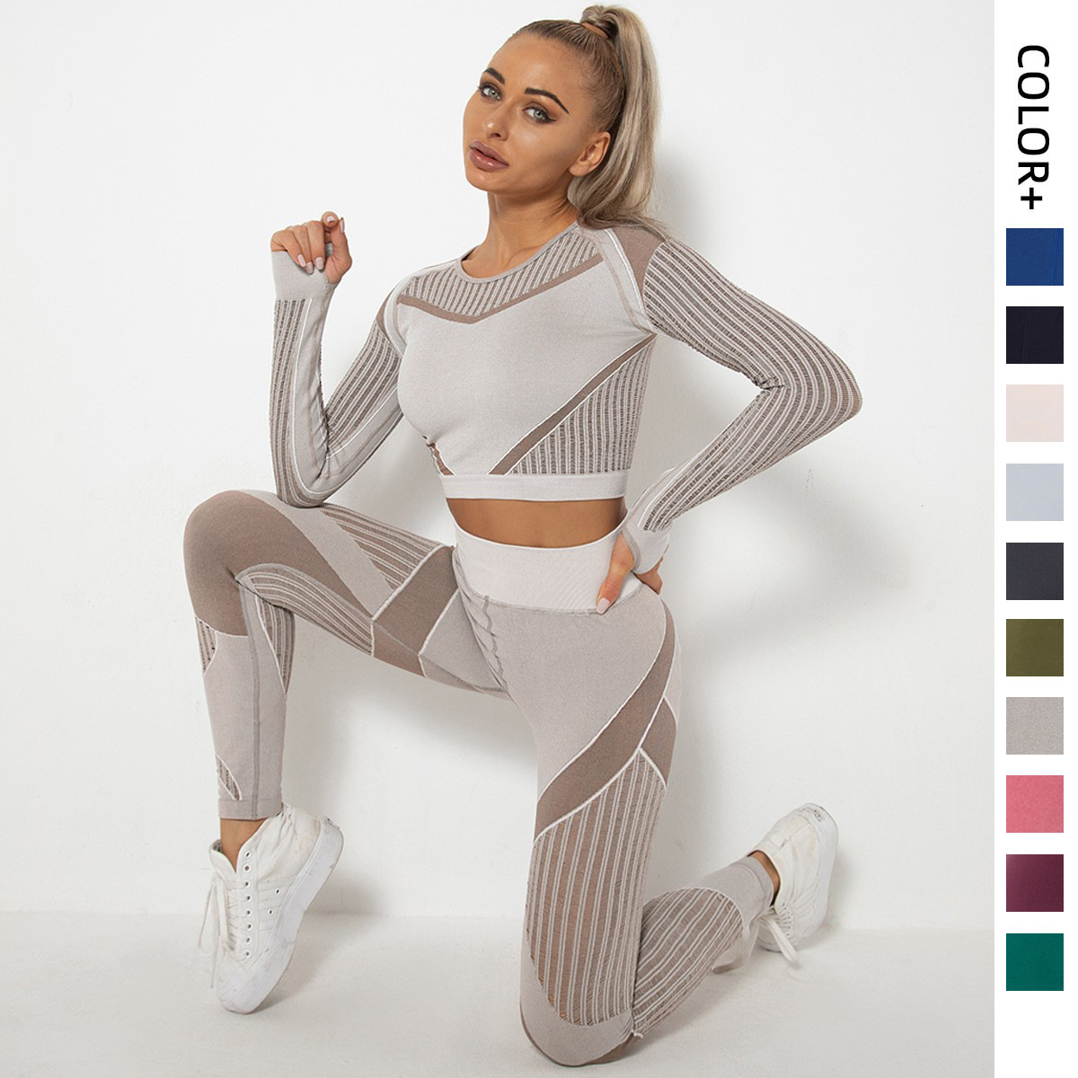Xsunwing New Ropa Deportiva Mujer Women Sports Gym Wear Workout Tights Crop Top 2 Pieces Long Sleeve Fitness Yoga Set WYSK6301