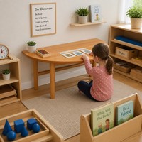 Table en bois demi-ronde Chuangjin 120 cm, bureau d'activités Montessori pour salle de classe, hauteur réglable 40-55 cm, fournisseur en gros
