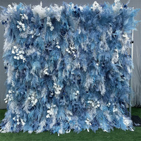 Mur de fleurs artificielles en tissu soyeux bleu, style bohème, avec feuilles bleues, pour décoration murale