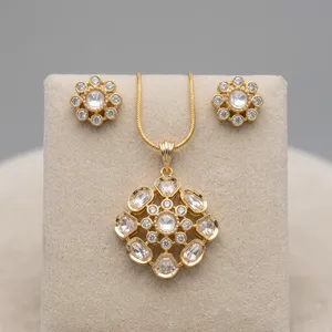 Wholesale <b>Indian</b> Polki Kundan Pendant Brass <b>Jewelry</b> <b>Set</b> Rhodium Plated Diamond Antique Look Trendy Designer Wedding Women's - Product Image 2