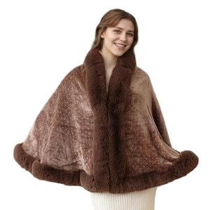 Women Sparkly Diamond <b>Shawl</b> Elegant Pearl Brooch Wrap Plush Faux Fur Trimmed Cape for <b>Wedding</b> Guest Christmas Party - Product Image 6