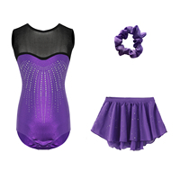 Ensemble de justaucorps de gymnastique pour filles B55, violet métallisé avec strass, jupe en mousseline scintillante, chouchou pour cheveux, ensemble de danse et de gymnastique personnalisé pour enfants