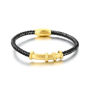 Pulsera de hebilla magnética de acero inoxidable que combina con todo para hombre, brazalete de moda de cuerda de cuero de bambú tejido AliExpress transfronterizo - Product Image 5