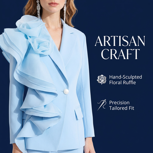 Completo Elegante Blu Chiaro a Due Pezzi per Donna, <span class=keywords><strong>Blazer</strong></span> con Dettagli Floreali 3D e Pantaloni a Gamba Larga, Abito Formale su Misura - Product Image 2