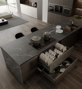 Comptoir en pierre artificielle personnalisé YUSHI, pierre frittée noire, armoire de cuisine pour la décoration de maisons et de villas modernes - Product Image 1