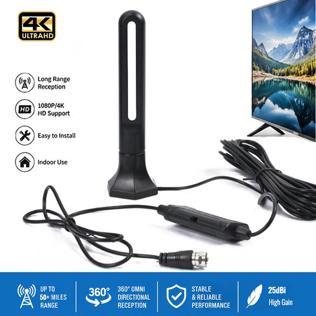 Indoor 25dBi Long Range Magnetic HDTV Antenna for Home RV Camping 4K 1080P ASTC/DVB-T2 Portable TV Antenna with Amplifier