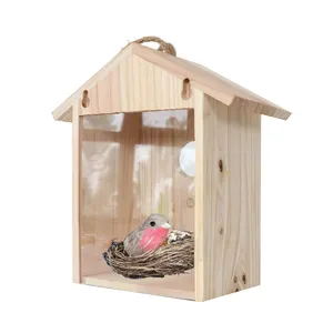 Ventana de casa de pájaros con ventosa fuerte y cordón para exterior, ver a través, casa de pájaros de madera mejorada, Nido de Pájaro al aire libre