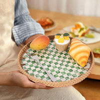 Plateau de service rond en rotin avec incrustation de nacre, finition laquée portable, décoration pour salle de bain et cuisine, plateau pour café/pain/fruits